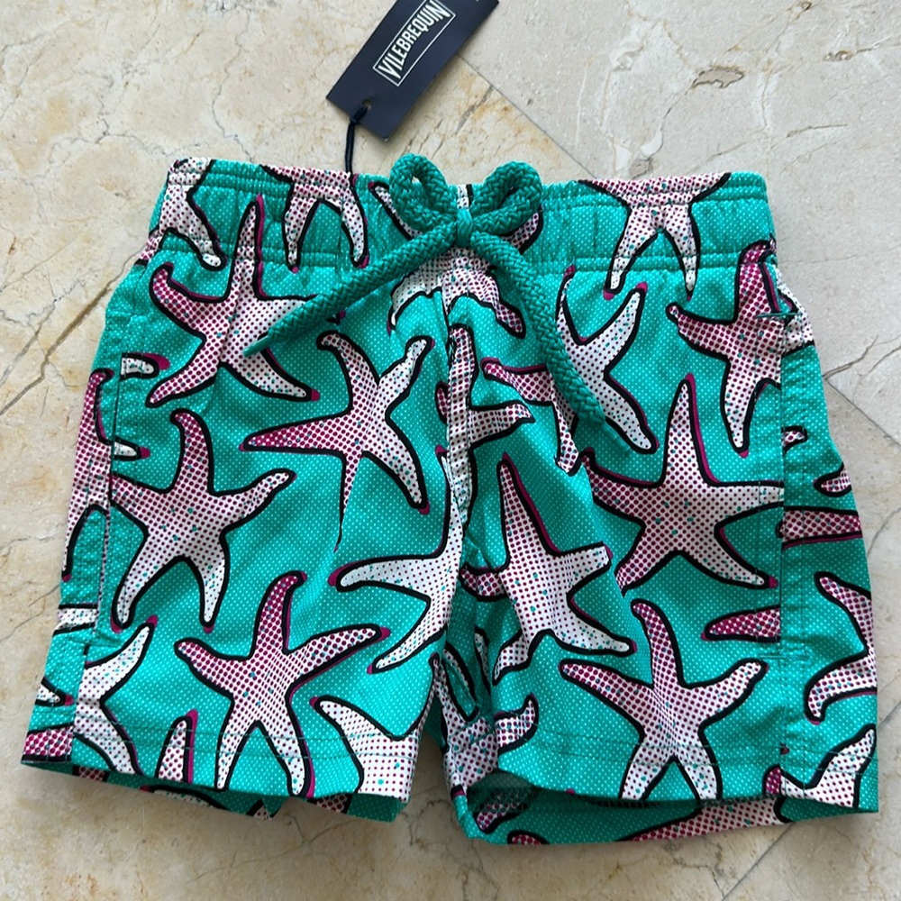NWT Vilebrequin Boys Swim Trunks Swimsuit 2T 2 Ans Style Jim Aqua Green starfish